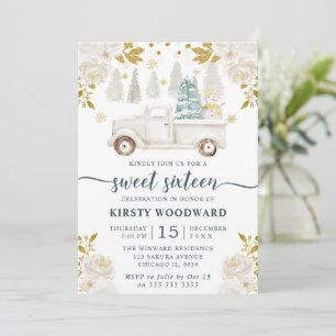 Winter White & Gold Truck Floral Sweet 16 Invitation