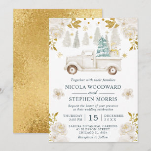 Winter White & Gold Truck Floral Wedding Invitation