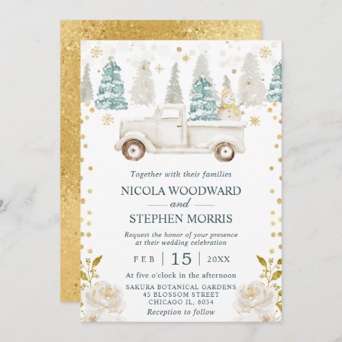 Winter White  Gold Truck Floral Wedding Invitation