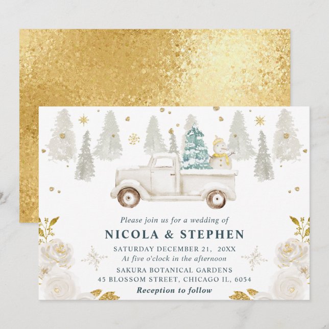 Winter White & Gold Truck Floral Wedding Invitation (Front/Back)