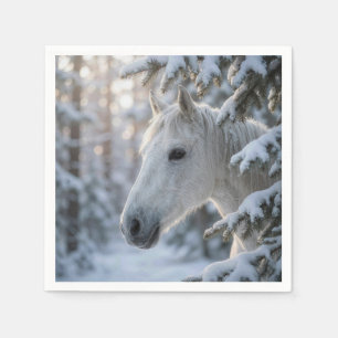 Winter White Horse In Snowy Pine Tree Napkins