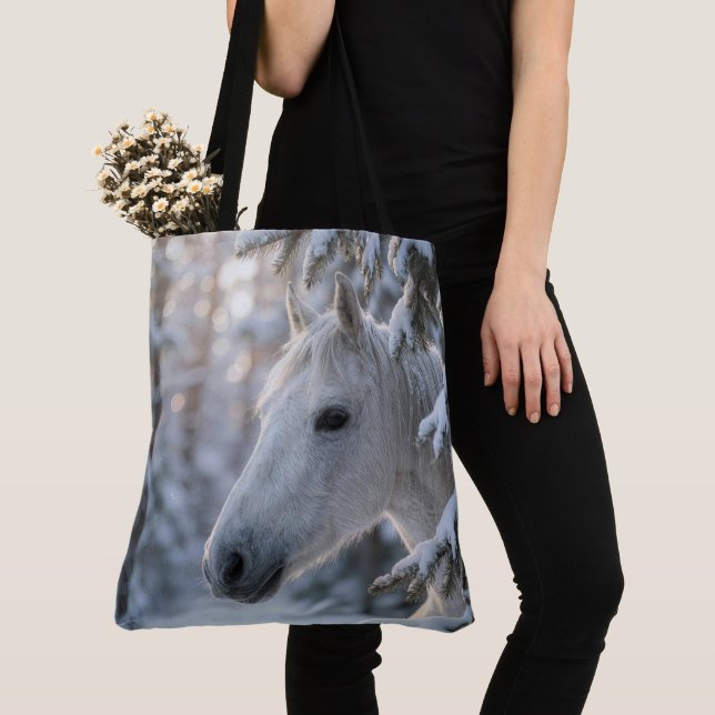 Winter White Horse In Snowy Pine Tree Tote Bag (Close Up)