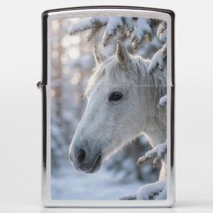Winter White Horse In Snowy Pine Tree Zippo Lighter