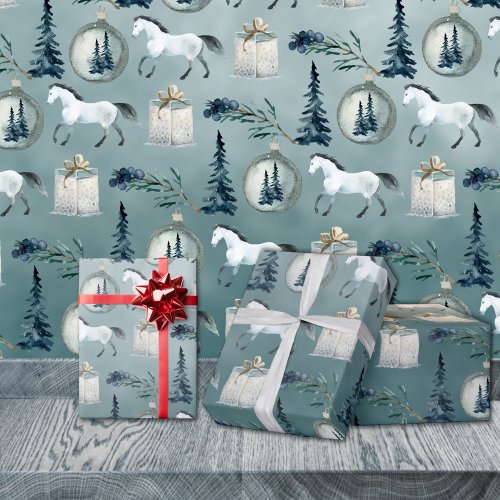 Winter White Horses Blue Spruce Trees  Berries Wrapping Paper