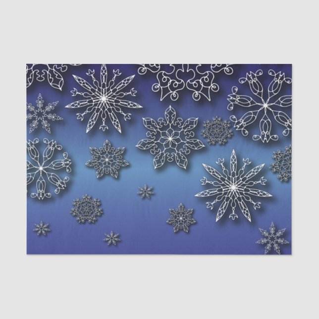 Winter White Papercut Snowflakes On Blue Tissue Paper (Front)