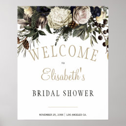 Winter white peonies bridal shower welcome sign