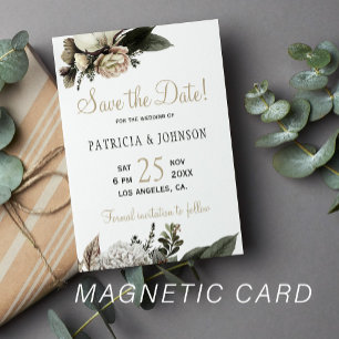 Winter white peonies elegant wedding save the date magnetic invitation
