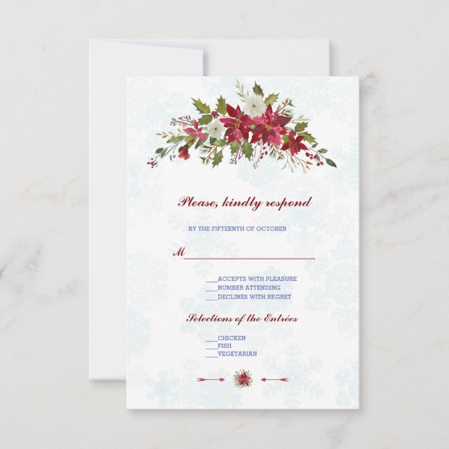Winter White Poinsettia Snowflakes Wedding RSVP Card (Front)