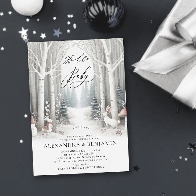 Winter White Rabbits Chic Coed Neutral Baby Shower Invitation (winter baby shower invitation neutral white wonderland enchanted forest woodland rabbit cute coed)