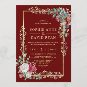 Winter White Red Floral Burgundy Gold Wedding Invitation