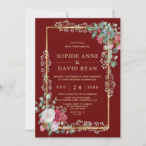 Winter White Red Floral Burgundy Gold Wedding Invitation