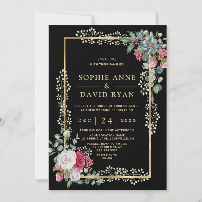 Winter White Red Floral Holly Berry Gold Wedding Invitation (Front)