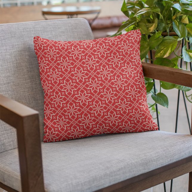 Winter White Red Snowflakes Knitting Pattern Throw Pillow (Creator Uploaded)