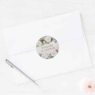 Winter White Rose and Pine Cone Personalized Classic Round Sticker