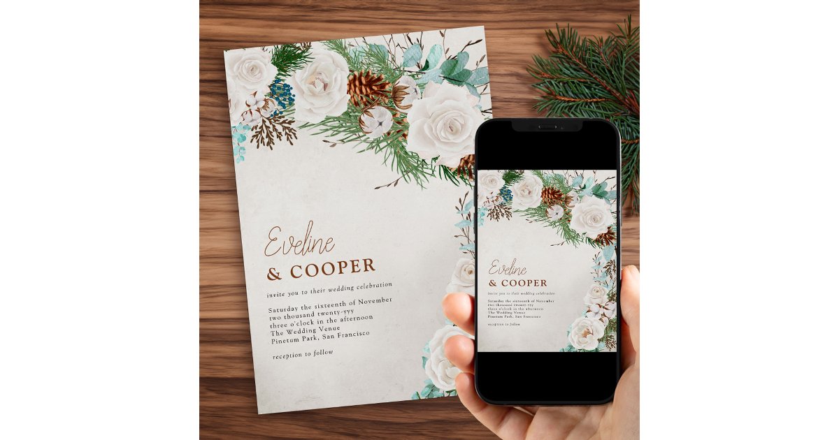 Winter White Rose and Pine Cone Wedding Invitation | Zazzle