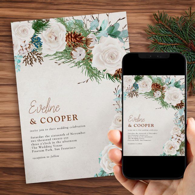 Winter White Rose and Pine Cone Wedding Invitation (Winter Wedding Invitation with Pine Eucalyptus and White Roses. Order Printed or Printable Download.)