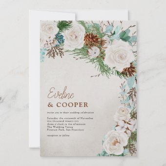 Winter White Rose and Pine Cone Wedding Invitation | Zazzle