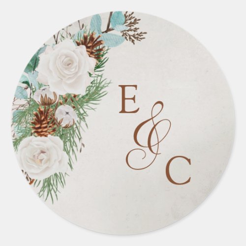 Winter White Rose and Pine Cone Wedding Monogram Classic Round Sticker