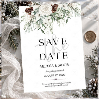 Winter White Rose Evergreen Pinecone Save the Date