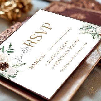 Winter White Rose Evergreen Pinecone Wedding RSVP  Enclosure Card
