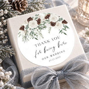 Winter White Rose Evergreen Pinecone Wedding Thank Classic Round Sticker