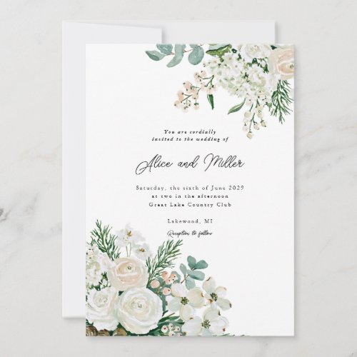 Winter White Roses Dogwood and Spruce Wedding Invitation