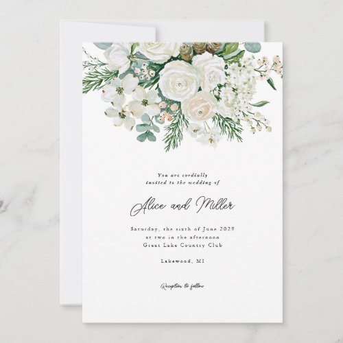 Winter White Roses Dogwood and Spruce Wedding Invitation