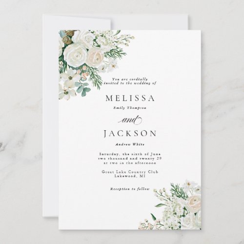 Winter White Roses Dogwood and Spruce Wedding Invitation
