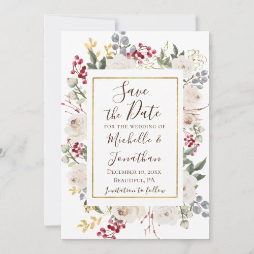 Winter White Roses Red Berries Gold Frame Save The Date
