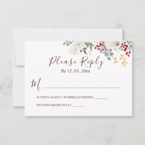 Winter White Roses Red Berries Gold Leaves Floral RSVP Card
