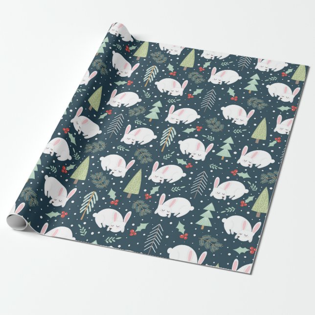 Winter White Snow Bunny Wrapping Paper (Unrolled)