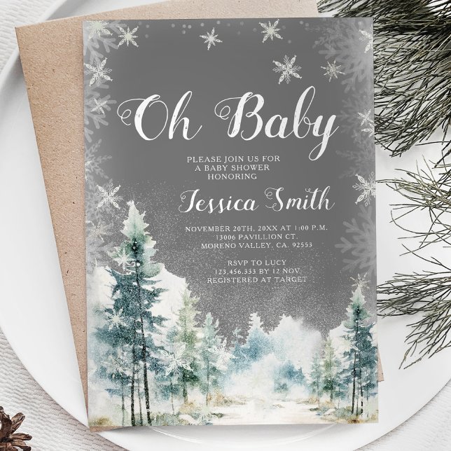 Winter White Snow Pine Trees Oh Baby Shower Invitation (Creator Uploaded)