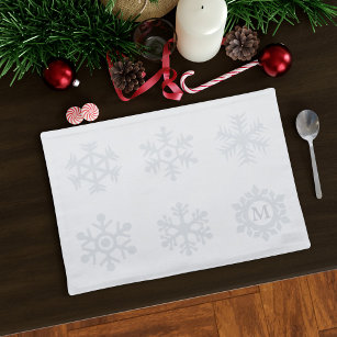 Winter White Snowflake Pattern Monogram Holiday Cloth Placemat