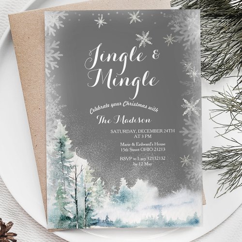 Winter White Snowflakes Modern Jingle  Mingle Invitation