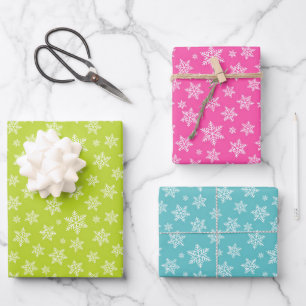 Winter White Snowflakes on green pink and blue Wrapping Paper Sheets