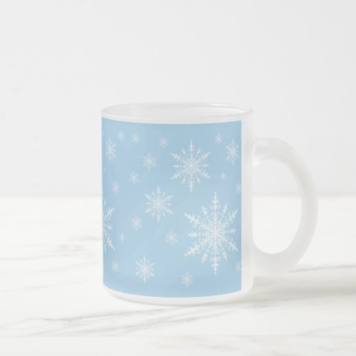 Winter White Snowflakes on Light Cornflower Blue Frosted Glass Coffee Mug