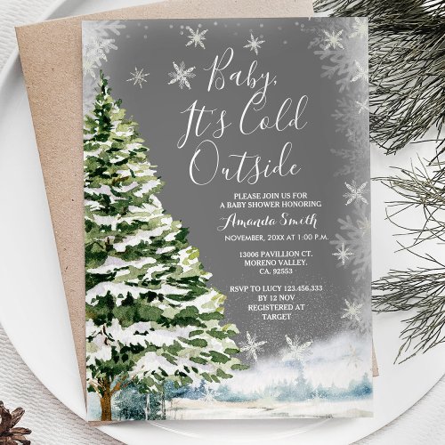 Winter White Snowflakes Pine Trees Baby Shower Invitation