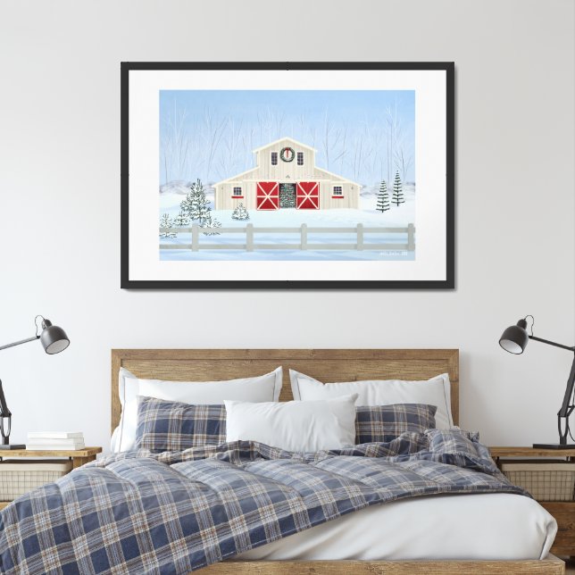 Winter White Snowy Christmas Barn Extra Large Framed Art (Bedroom)