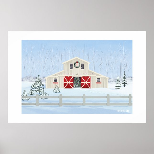 Winter White Snowy Christmas Barn Large Print (Front)