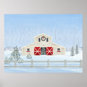 Winter White Snowy Christmas Barn Poster
