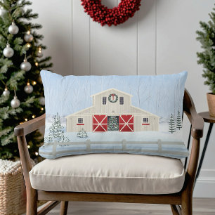 Winter White Snowy Christmas Barn Red Doors Lumbar Pillow