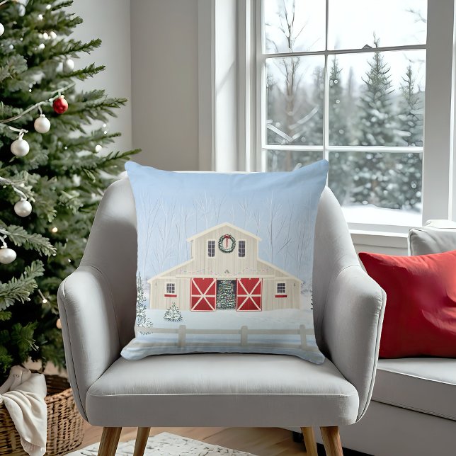 Winter White Snowy Christmas Barn Red Doors Throw Pillow (20 x 20)