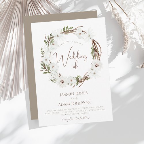 Winter White Taupe Floral Christmas Wreath Wedding Invitation