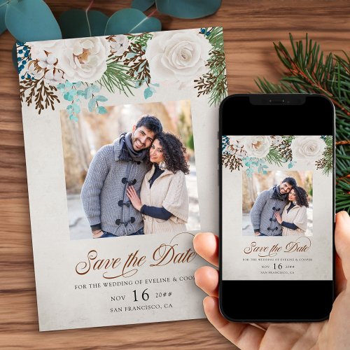 Winter White Wedding Roses and Pine Photo Save The Date