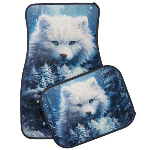 Winter White Wolf Forest Pine Trees Falling Snow Car Floor Mat