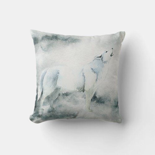 Winter White Wolf Howling Throw Pillow