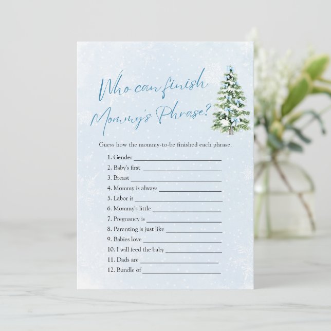 Winter Who Can Finish Mommy's Phrase Baby Shower Invitation (Standing Front)