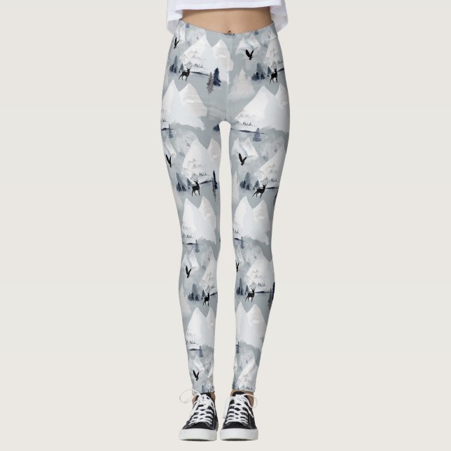 Winter Wilderness Mountain Forest Wild Life Leggings (Front)