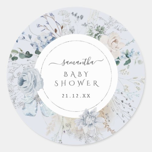Winter Wildflower Elegant Boho Baby Shower  Classic Round Sticker