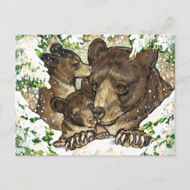 Winter Wildlife Art Black Bear Mother and Cubs Postcard (Front)